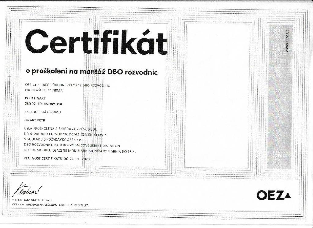 Certifikát č. 10 — Elektrostav LP s.r.o.
