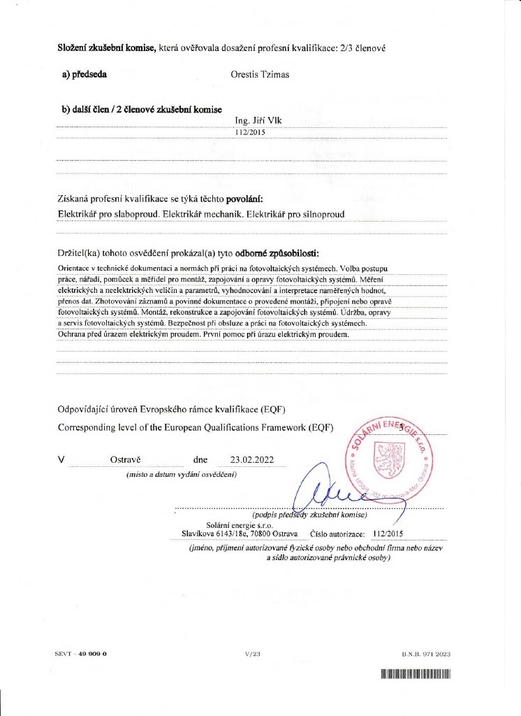 Certifikát č. 5 — Elektrostav LP s.r.o.