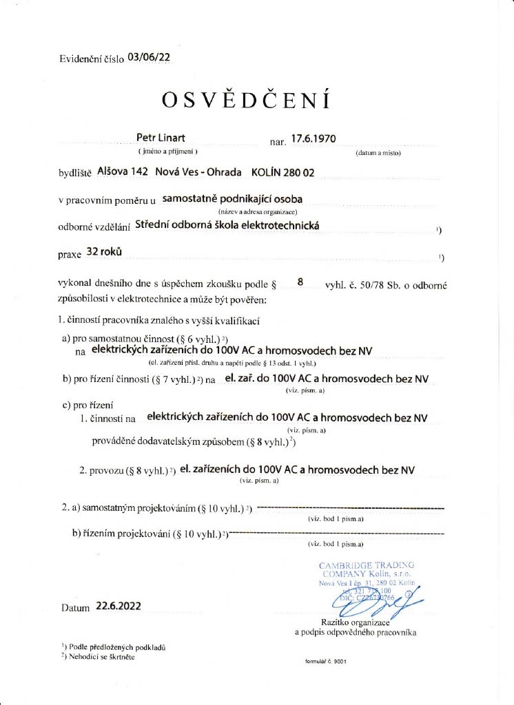 Certifikát č. 6 — Elektrostav LP s.r.o.