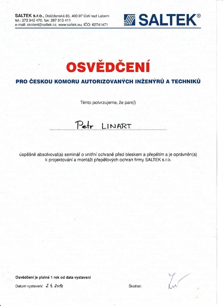 Certifikát č. 7 — Elektrostav LP s.r.o.