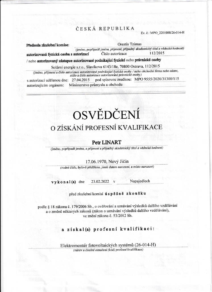 Certifikát č. 8 — Elektrostav LP s.r.o.